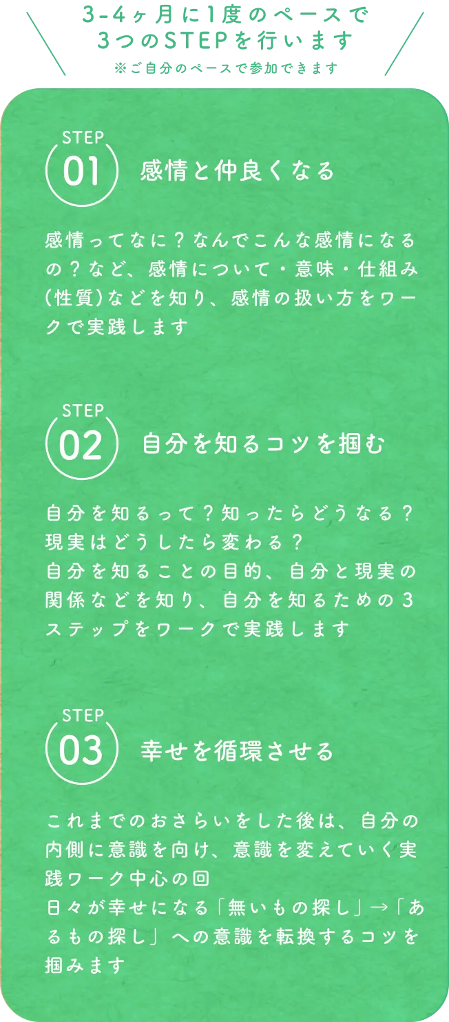 3-4ヶ月に1度のペースで
            3つのSTEPを行います